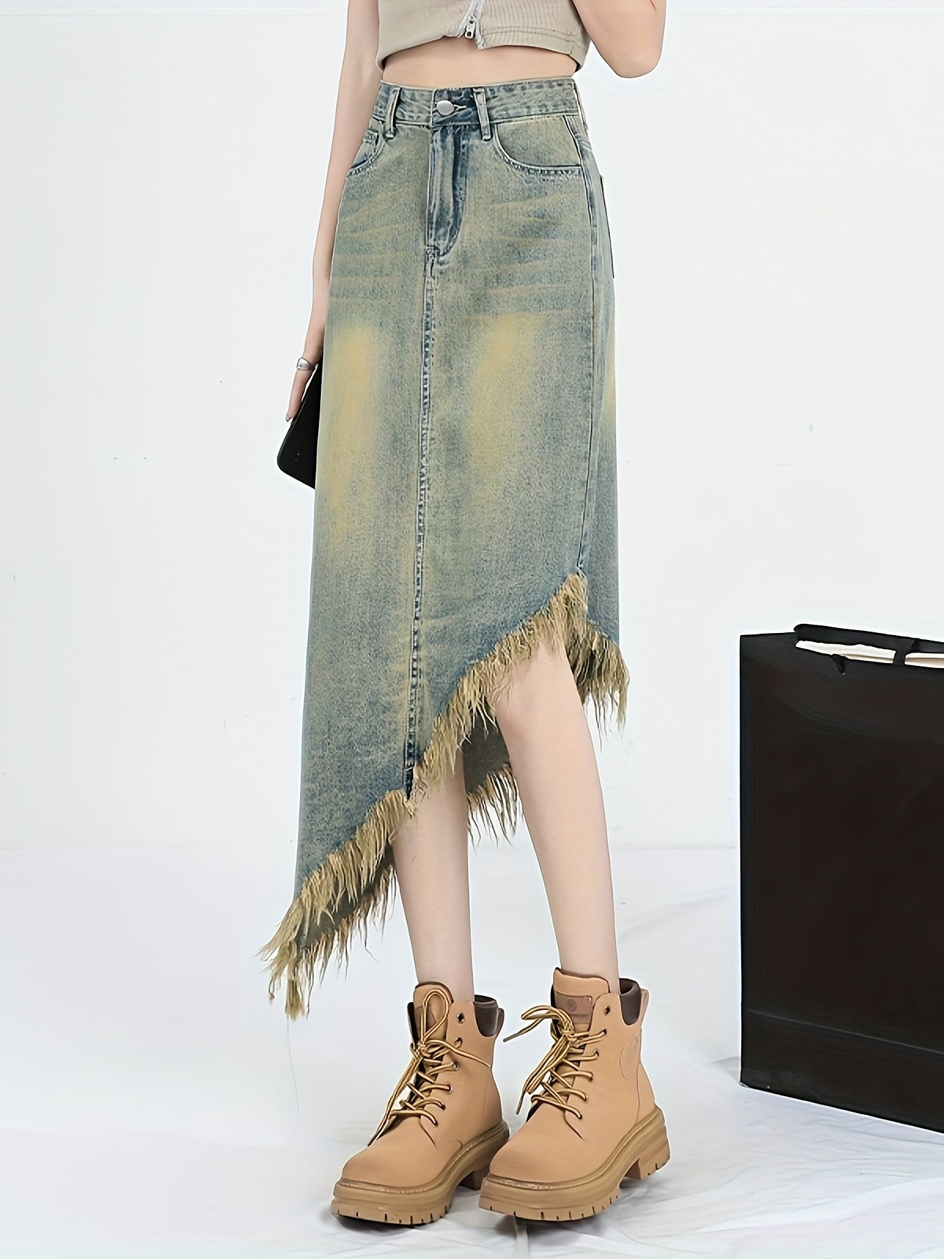 Asymmetric Raw Hem Distressed Washed High Rise Stylish Midi Denim Skirt, Women's Denim Jeans & Clothing