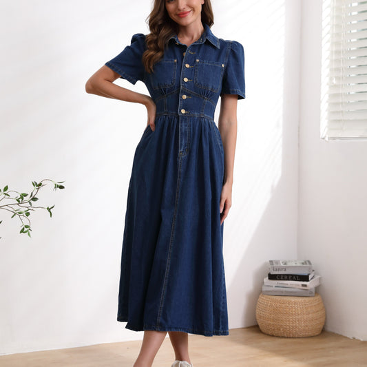 Plain Dark Washed Blue Single-breasted Elegant Retro Style Short Sleeve Denim Dress, Women's Denim Jeans & Clothing