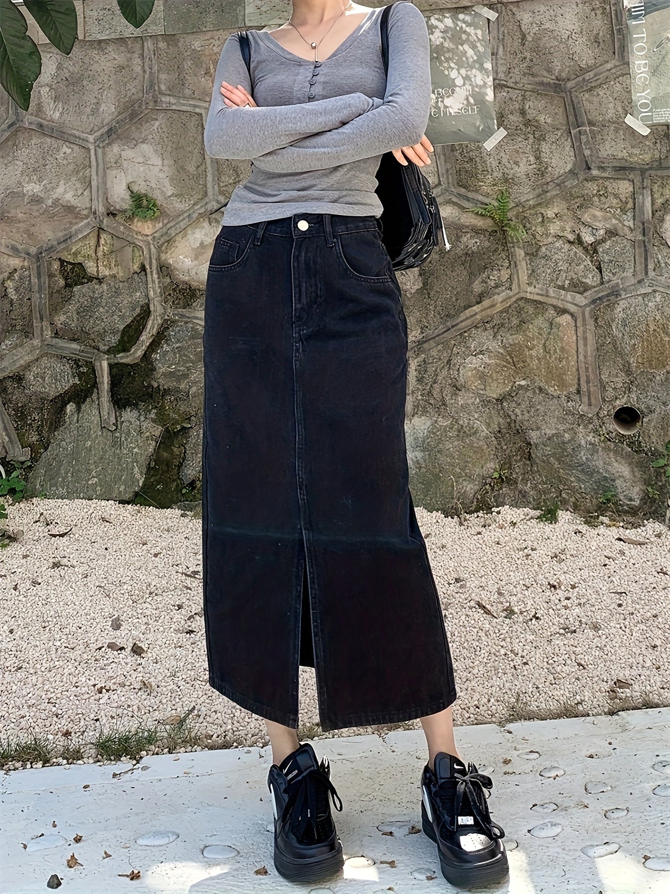 High Waisted Black Solid Color Denim Skirt With Front Slit, Women's Long Midi Jean Skirt, Preppy Style, Casual Chic Streetwear