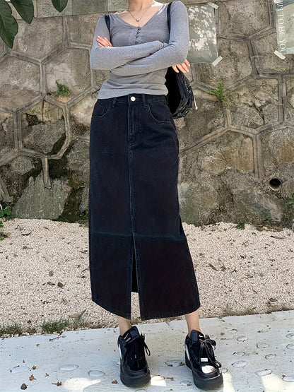 High Waisted Black Solid Color Denim Skirt With Front Slit, Women's Long Midi Jean Skirt, Preppy Style, Casual Chic Streetwear