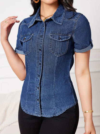 Classic Comfortable Solid Color Non-Stretch Denim Button Closure Short Sleeve Lapel Casual Top - Soft Woven Fabric, Relaxed Fit, Spring/Summer/Fall Essential - Womens Denim Jeans & Clothing