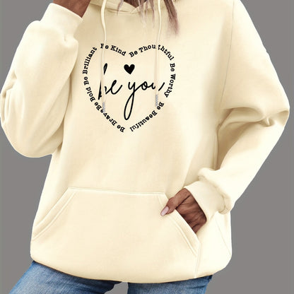 Heart & Letter Print Drawstring Hoodie - Cozy Casual Long Sleeve Hooded Sweatshirt with Adjustable Drawstring, Soft Brushed Fabric, and Relaxed Fit - Women's Comfortable Clothing for Daily Wear