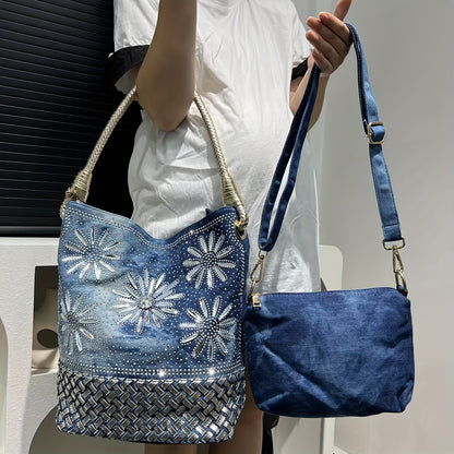 Luxurious Floral Rhinestone Denim Tote Bag - Spacious Large Capacity, Stylish Crossbody Shoulder Handbag with Polyester Lining, Random Print, Zip Closure, Removable Strap, and Elegant Style for Women's Fashion