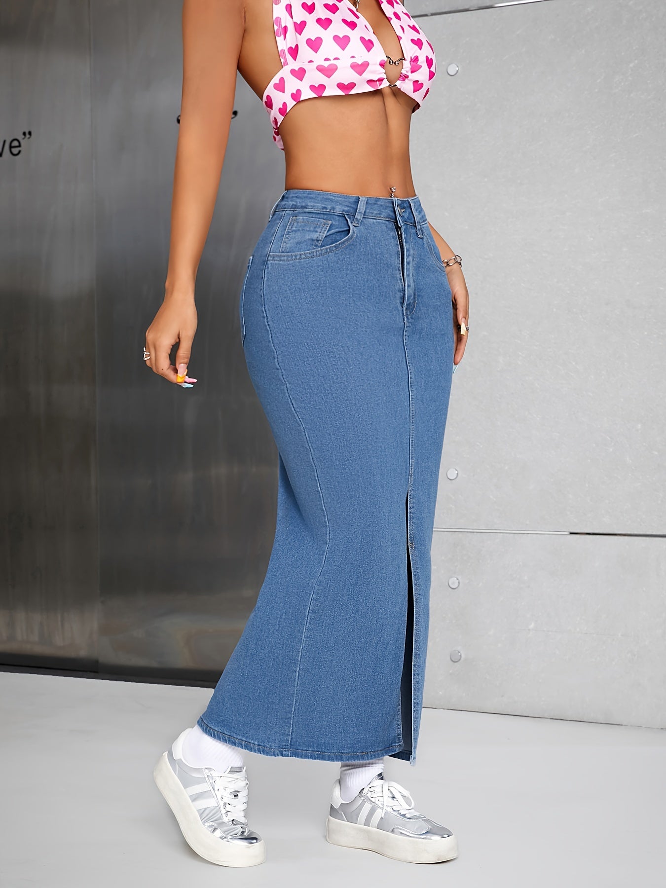 Plain Washed Blue Split Front Streetwear Bodycon Maxi Denim Skirt, Women's Denim Jeans & Clothing