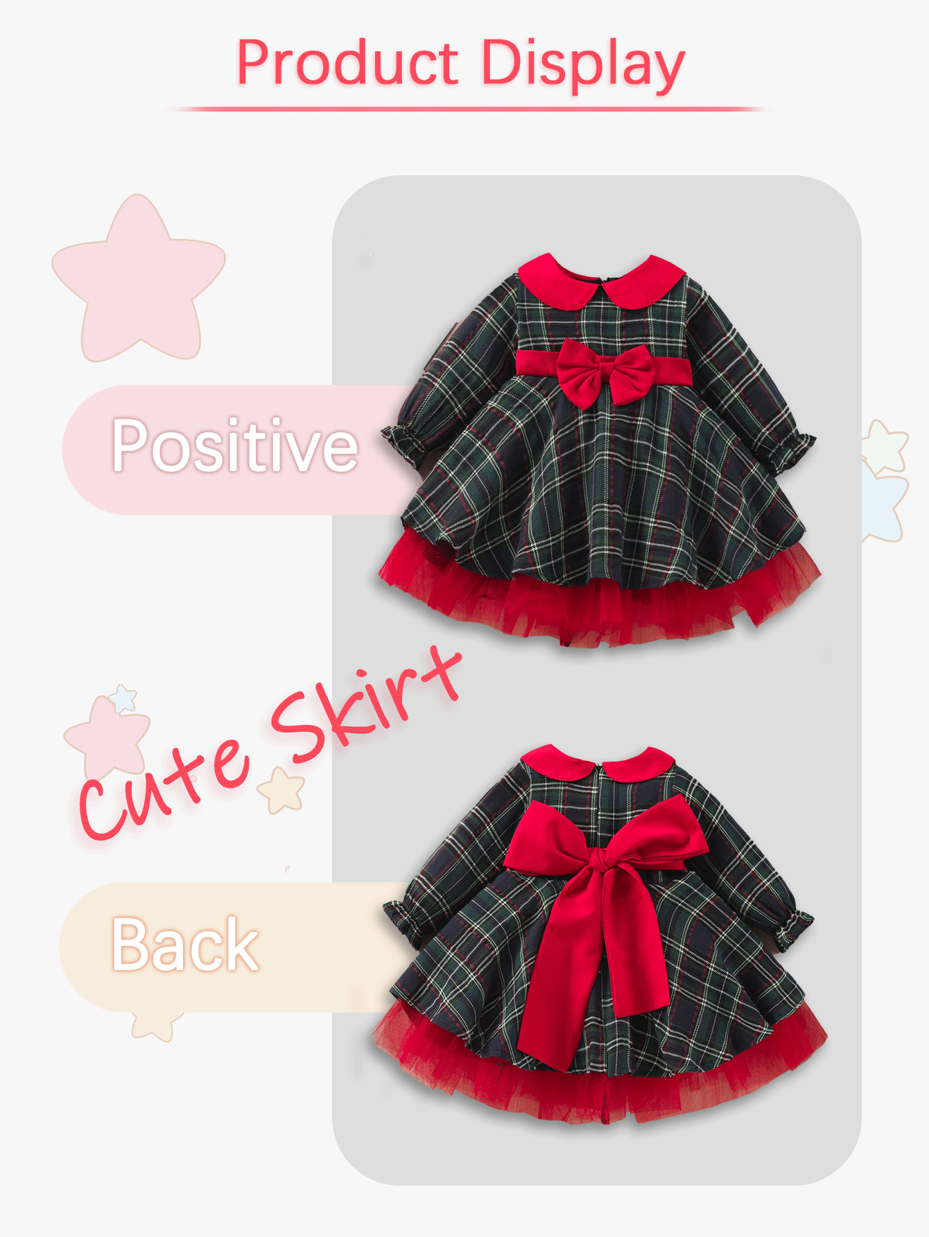 Girls' Plaid Waist Bow Stitched Mesh Christmas Dress