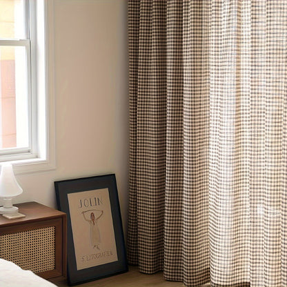 1pc Semi-Blackout Curtain in Coffee Plaid - Rod Pocket Design, Modern Elegance for Bedroom & Living Room Privacy