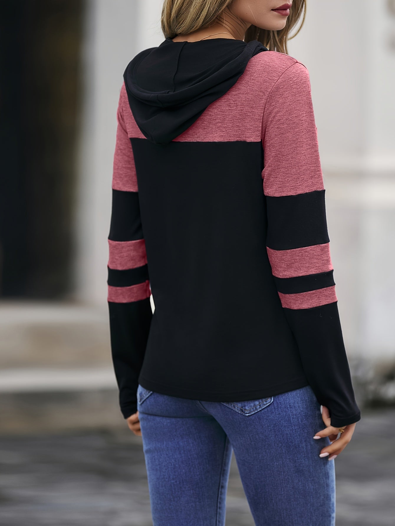 Colorblock Striped Hoodie, Casual Drawstring Long Sleeve Top For Spring & Fall, Women's Clothing