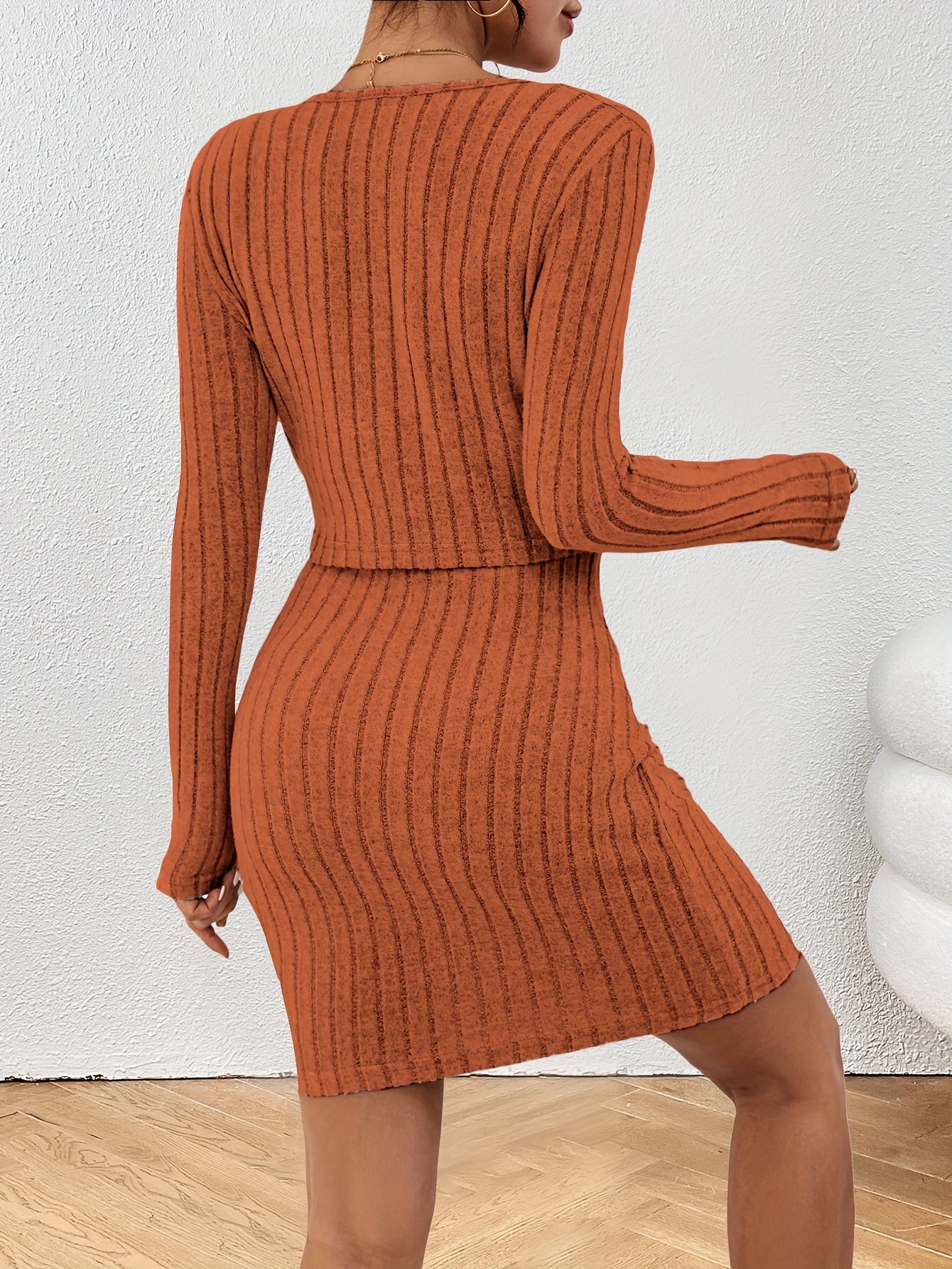 Solid Ribbed Chic Two-Piece Set - Button-Front Long Sleeve Tops & Bodycon Mini Dress - Flattering Casual Outfits for Trendy Women