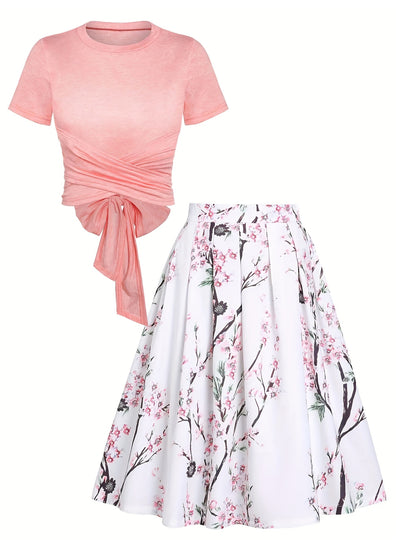 Elegant Two-piece Skirt Set, Solid Criss Cross Tie Back Top & Floral Print Skirt Outfits, Women's Clothing