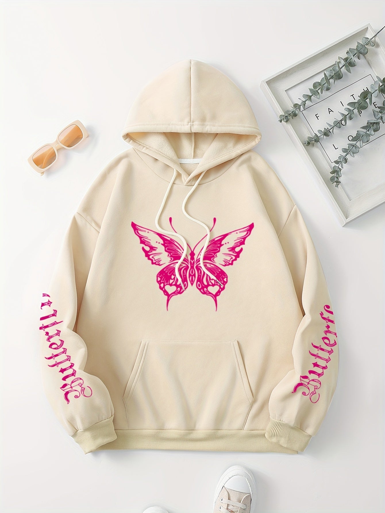 Chic Butterfly & Letter Graphic Hoodie - Comfy Drawstring Design with Kangaroo Pocket, Versatile Casual Wear for Women