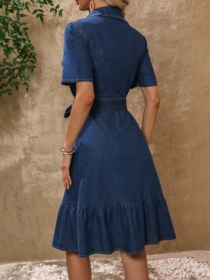 Womens Fitted Elegant Denim Midi Sundress - Sleeveless, Slim Fit, Shirt Collar, Tie Waist, Ruffle Hem, Lace-Up Belt, Non-Stretch, Solid Color, Woven, Customized, All-Season, No Printing, No Sheer