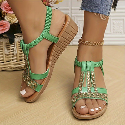 Glamorous Rhinestone Wedge Sandals - Stylish Heel, Open Toe, Comfortable Elastic Straps for Summer - Casual Everyday Footwear