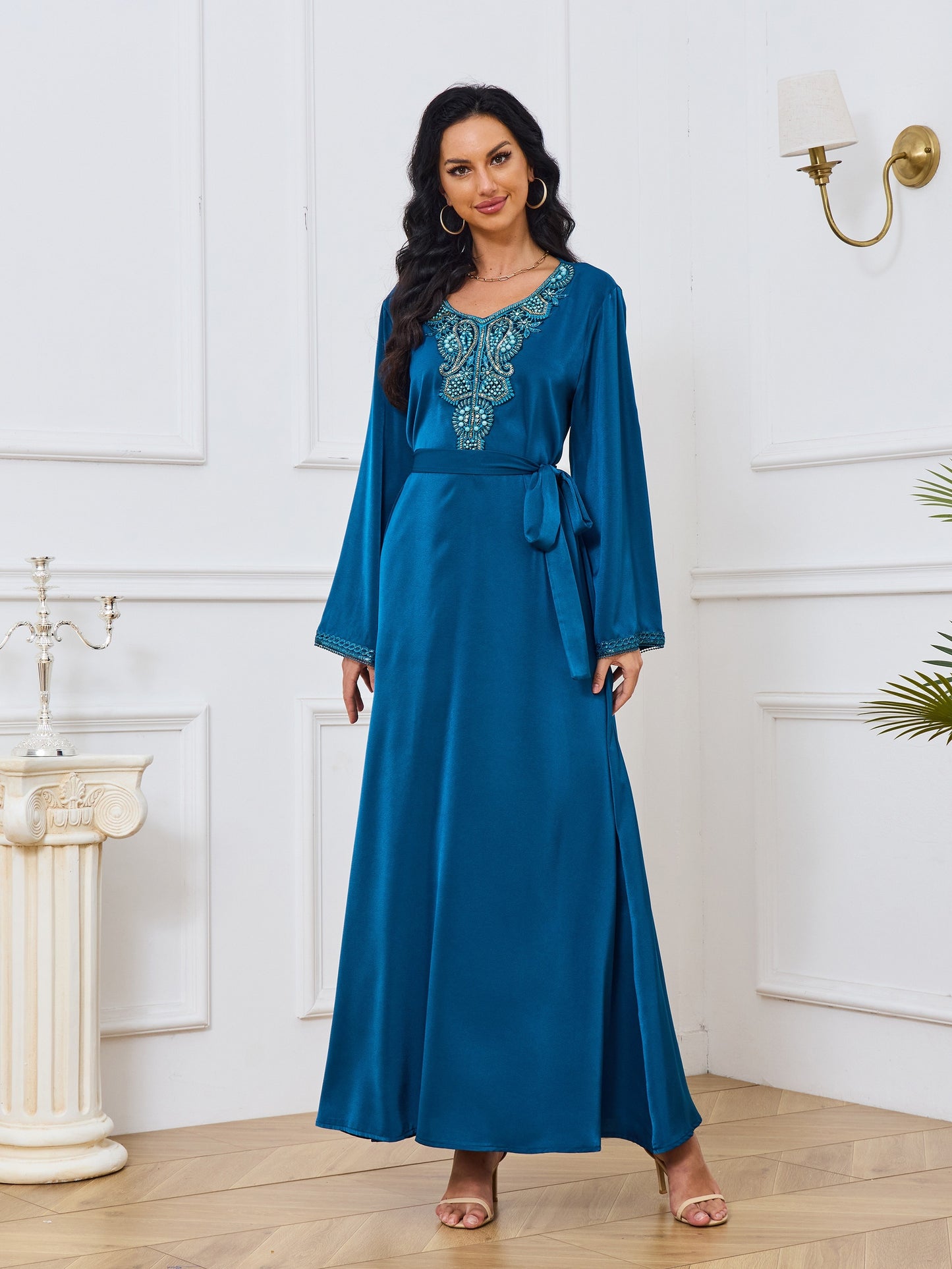 Ramadan Floral Charm - Luxurious Beaded Kaftan Dress with Long Sleeves & Tied Crew Neck - A Timeless, Flowy & Comfortable Womens Clothing Choice for Festive Occasions