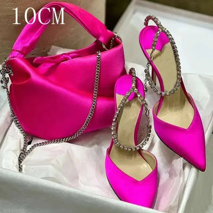 European Girls High Heels  New Summer Rhine-Diamond Chain Pointy Pink Sexy Skinny Toe Satin Pumps Kq8