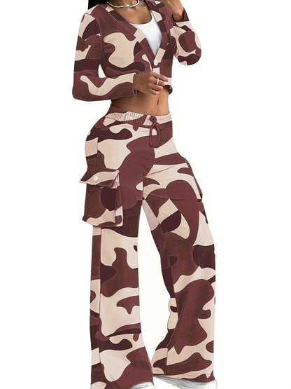 Fashionable Camouflage Print Womens Two-piece Set - Comfy Long Sleeve T-Shirt with Single Button & Drawstring Flap Pocket Pants - Casual Chic Outfit for Trendsetters