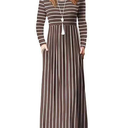 Fall/Winter Chic: Cozy Geometric High-Waist Maxi Dress with Crew Neck, Long Sleeves - Durable & Easy-Care, Perfect for Daily Wear