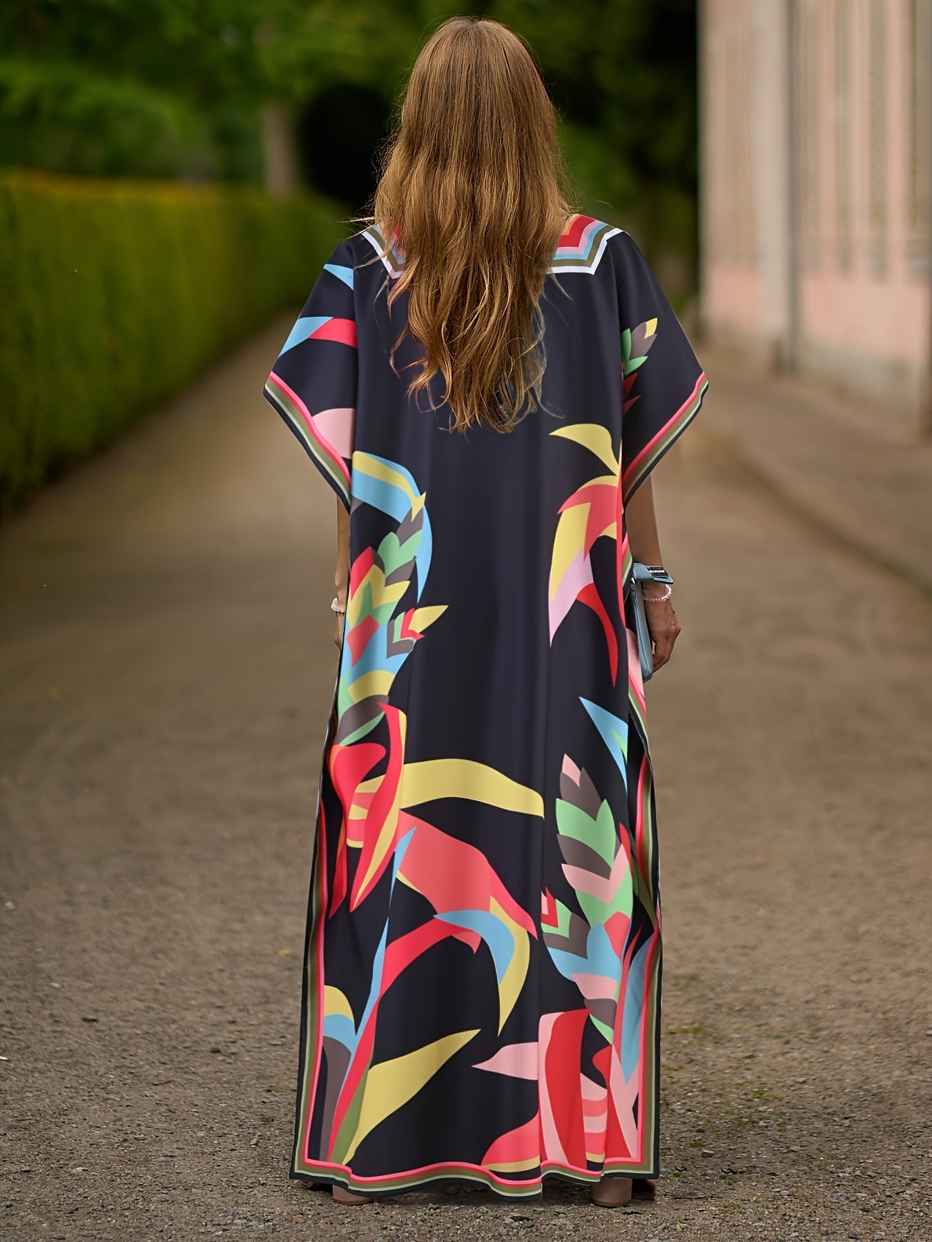 Stunning Allover Print V-Neck Kaftan Maxi Dress - Elegant Batwing Sleeve, Loose Fit, Flowy, Comfortable, Versatile, and Chic - Women's Clothing for Summer, Vacation, and Daily Wear