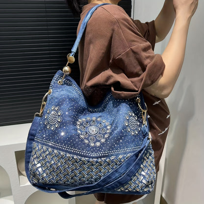 Elegant Denim Bucket Bag with Sparkling Rhinestone Detail - Large Capacity, Removable Strap, Zip Closure for Women