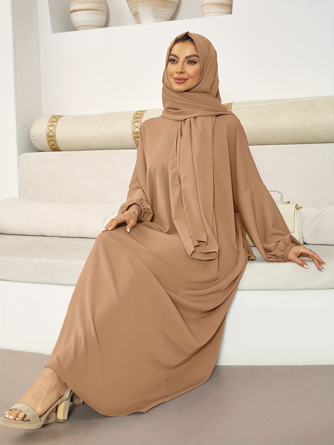 Chic Solid Color Kaftan Dress with Integrated Headscarf - Elegant Long Sleeve Maxi for Women - Flattering, Flowy, and Alluring Style