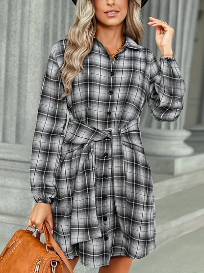 Stylish Plaid Print Long Sleeve Shirt Dress - Women's Casual Collared Lace Up Waist Dresses with Classic Button Up Design and Flattering Fit - Perfect for Everyday Wear