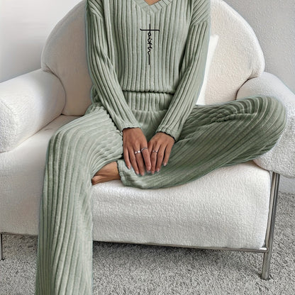 Women's Faith-Inspired Ribbed Two-Piece Set - V Neck Long Sleeve Top & Comfy Pants - Chic Spring & Fall Casual Outfits