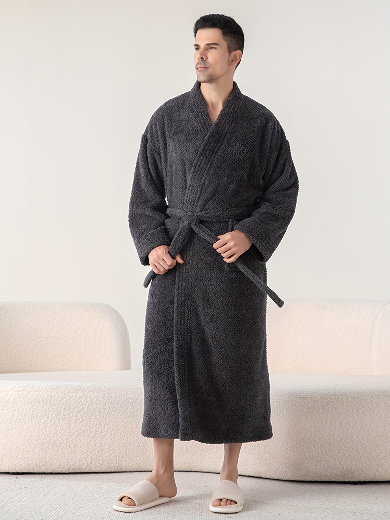 Luxurious Soft Polyester V-Neck Long Sleeve Robe Set with Pockets - Casual Solid Color Knit Fabric Couples Loungewear with Waist Tie, Perfect for Fall/Winter Season - Unisex Home Wear and Sleepwear with Functional Placket