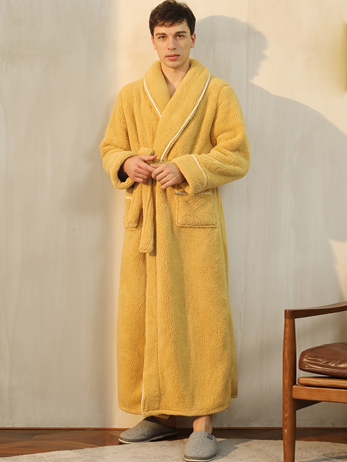 Cozy Fleece Bathrobe for Men - Soft, Thick & Warm Pajama Robe with V-Neck, Perfect for Fall/Winter | Machine Washable