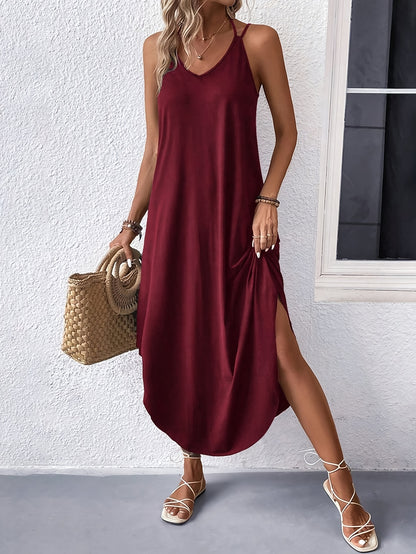 IKEARLAX Flattering Spaghetti Strap Dress - Effortlessly Chic Sleeveless Design with Curved Hem - Versatile Womens Summer Dress for Spring & Summer Seasons