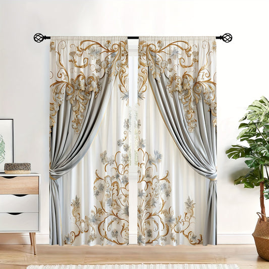 2pcs Set European-Inspired 3D Digital Print Curtains - Light Filtering, Rod Pocket Design For Kitchen, Living Room, Office, Bedroom - Artistic Home Decor