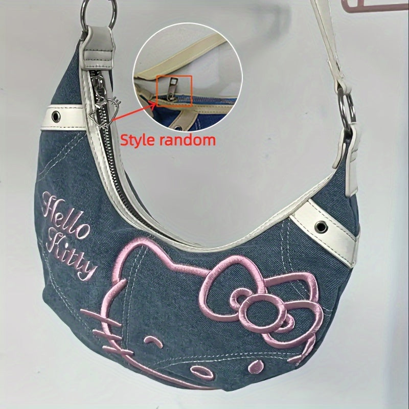 Hello Kitty Denim Shoulder Bag - Chic Underarm Crossbody Tote, Secure Turn-Lock Flap & Chain, Casual Fashion Handbag for Shopping, Travel, Outdoor - Birthday Party Gift, No Electricity Needed