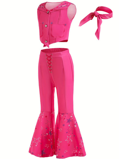 Kid's  Movie Doll Cosplay Costume, Vest & Flared Pants & Accesssories, Girl's Cowgirl Dress Up Suit For Halloween Party