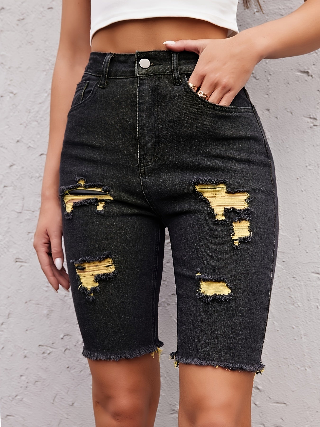 High-Rise Ripped Bermuda Denim Shorts – Vibrant Yellow Dye Details, Comfort Stretch Fabric & Casual Raw Edges – Perfect for Summer Outings