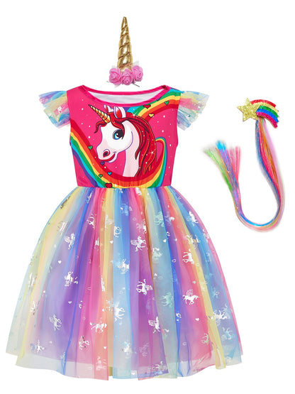 Girl's Princess Dress With Accessories Set, Unicorn Print Mesh Dress, Fairy Tale Character Cosplay Costume, Kids Clothes For Halloween Holiday Party Prom Birthday Performance