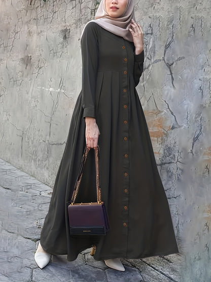 Elegant Puff Sleeve Maxi Dress - Ruched Button Detail - Versatile for Ramadan & Special Occasions - Women's Fashion