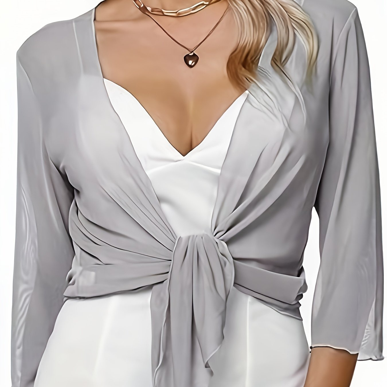 Summer Essential: Chic Solid Color Tie Front Mesh Top, Versatile & Stylish 3/4 Sleeve, Easy-Care & High-Stretch - Perfect for Youthful Elegance