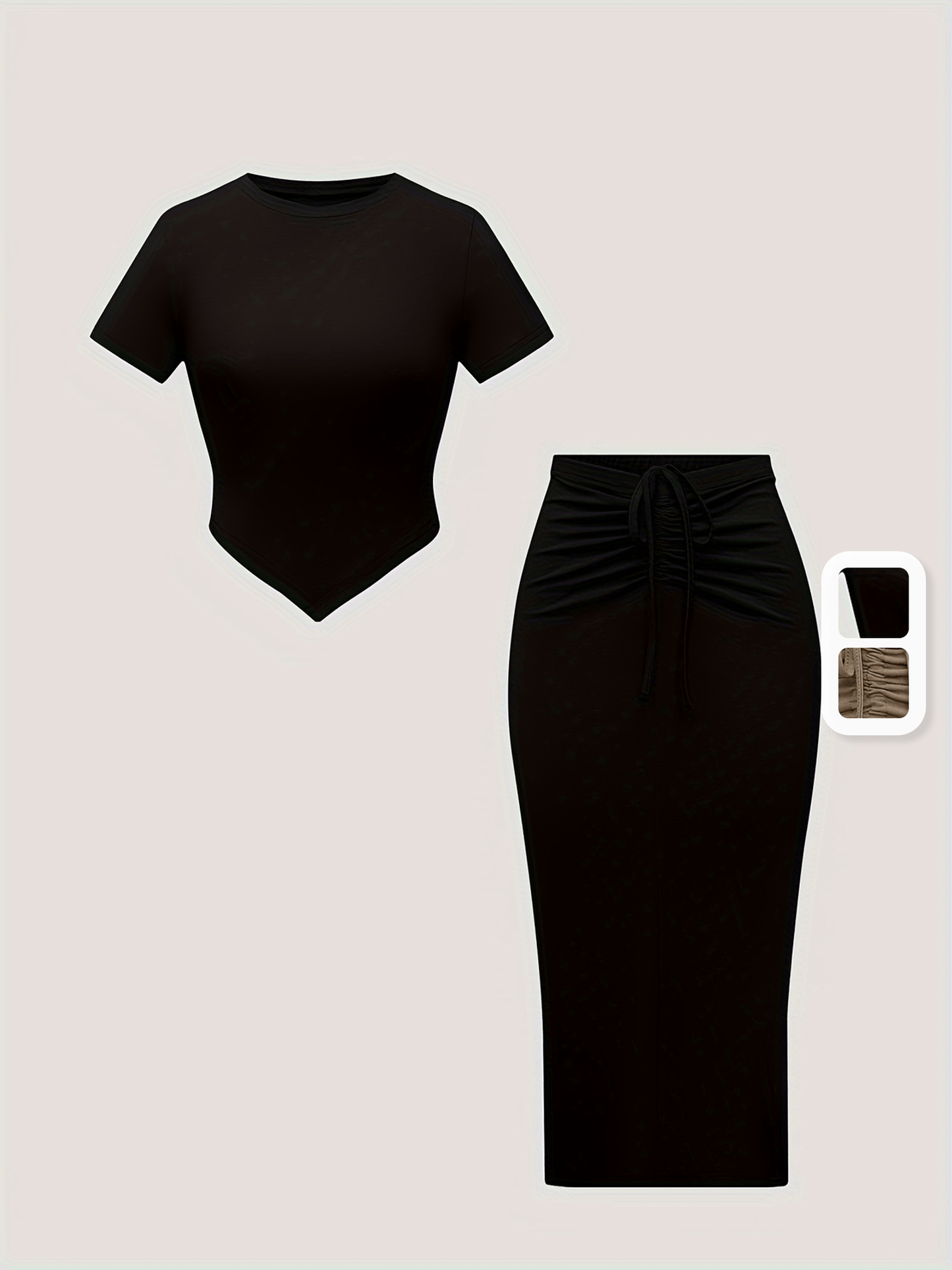 Chic Solid Color Two-piece Ensemble - Elegant Short Sleeve Crew Neck Top & Sleek Ruched Tie Front Split Skirt - Versatile Outfit for Casual to Evening Wear, Women's Fashion