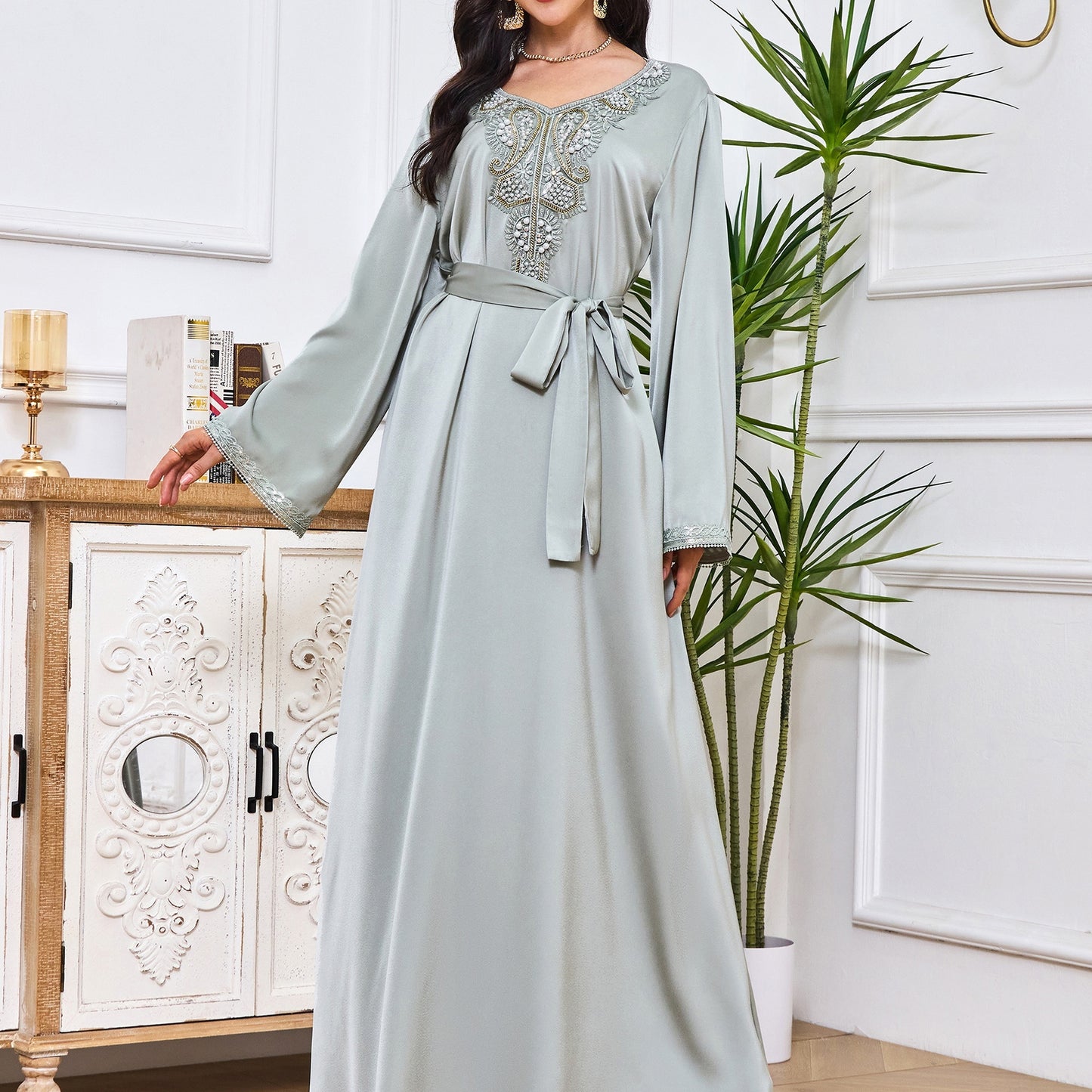 Ramadan Floral Charm - Luxurious Beaded Kaftan Dress with Long Sleeves & Tied Crew Neck - A Timeless, Flowy & Comfortable Womens Clothing Choice for Festive Occasions