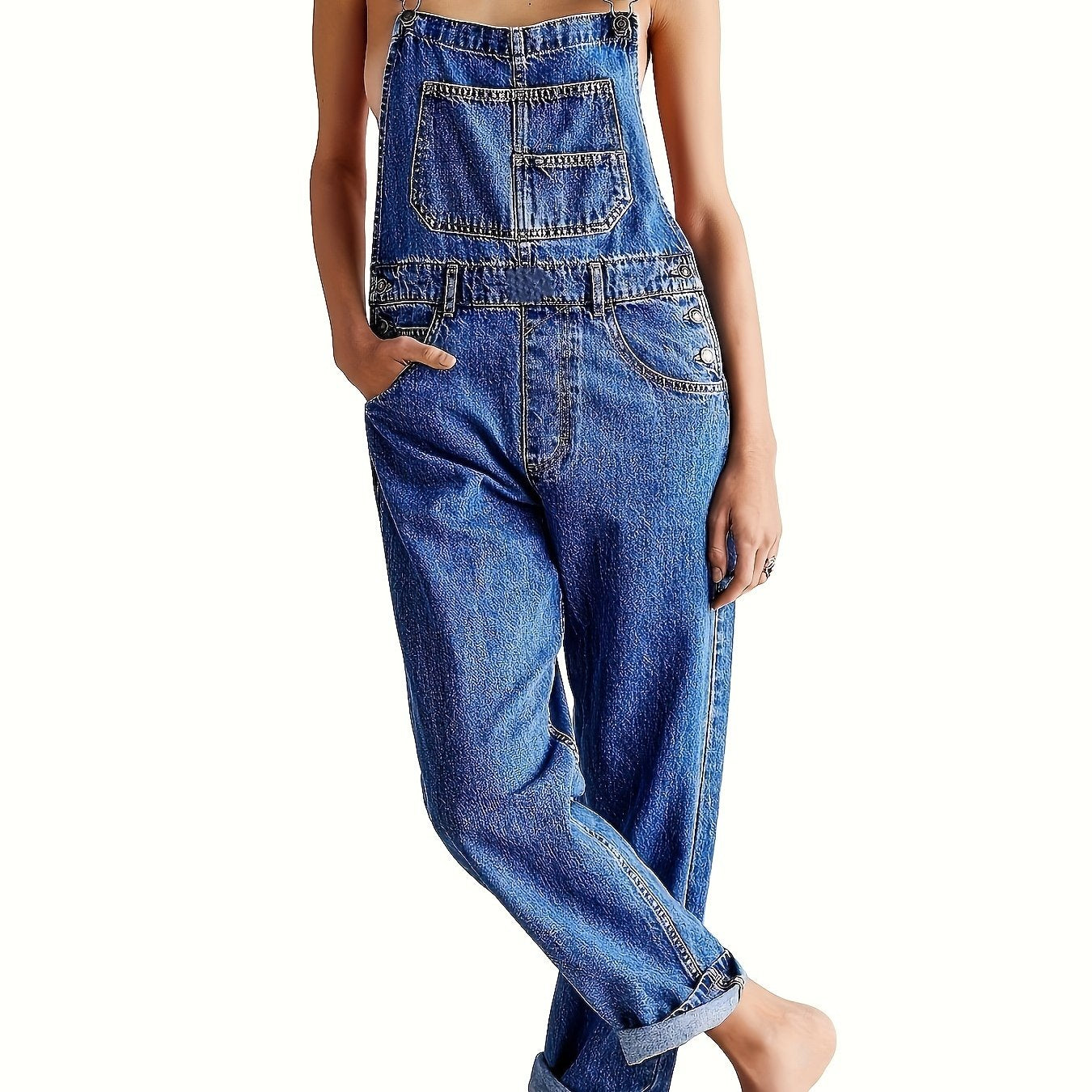 Elegant Women's Denim Overalls with Geometric Pattern - Cotton Blend, Machine Washable