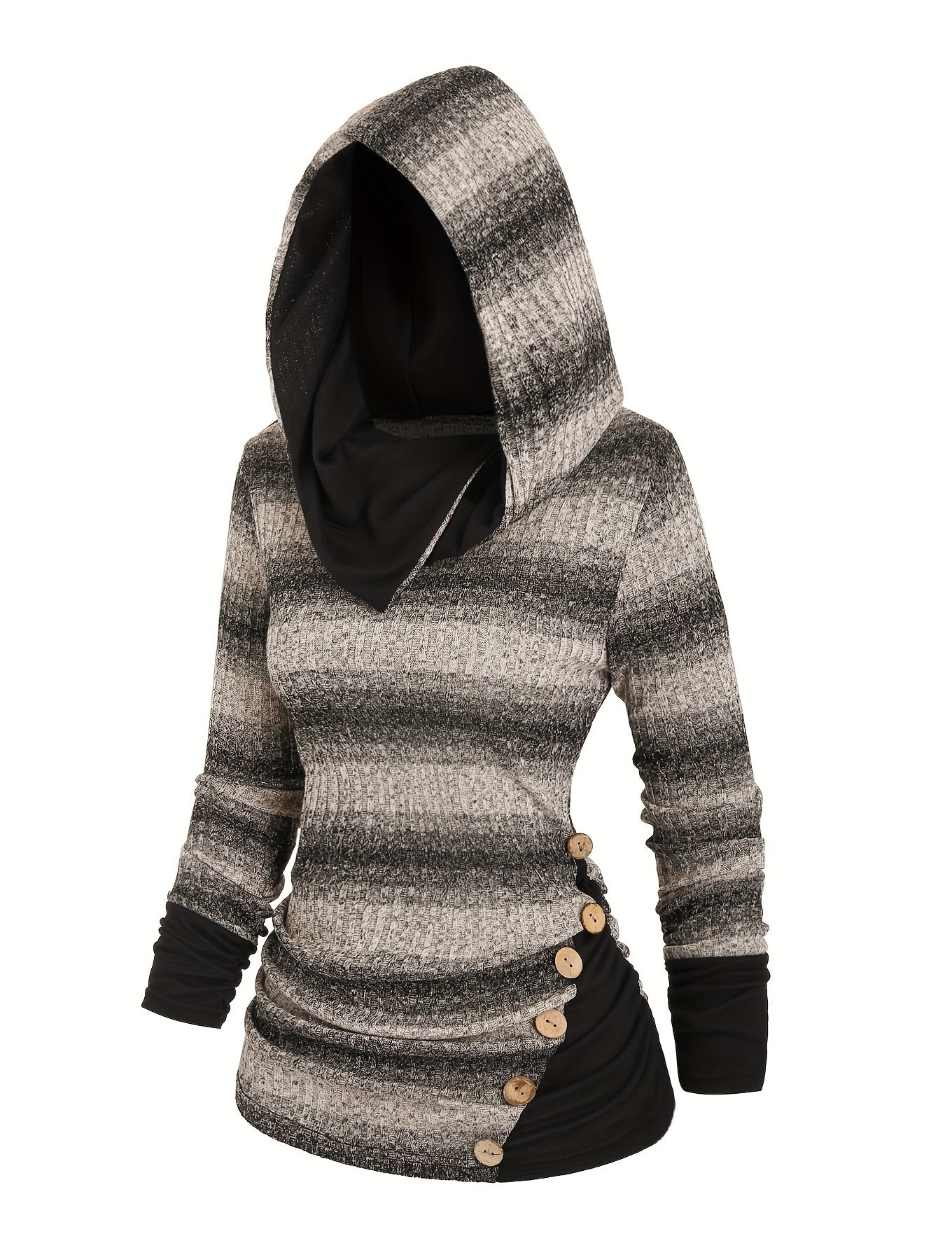 Cozy Striped Hooded Sweatshirt - Soft Mid-Elasticity Polyester, Machine Washable, Elegant Casual Long Sleeve Ruched Design, Perfect for Fall/Winter - Womens Stylish Knit Fabric Clothing