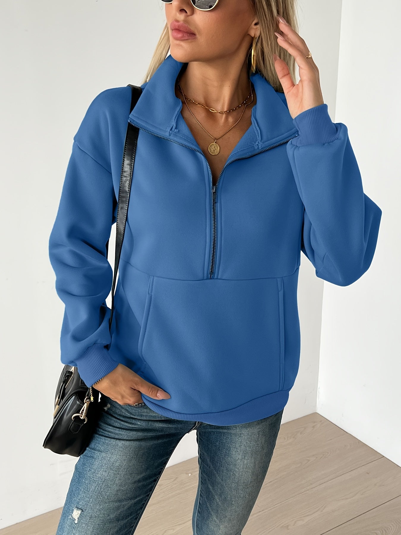 Cozy Solid Half-Zip Pullover Sweatshirt - Soft, Casual, Long Sleeve, Kangaroo Pocket, Fall & Winter Essential - Women's Comfortable Clothing for Chilly Days