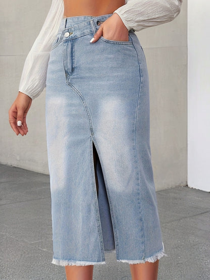 Raw Hem Split Stepped Waist Denim Skirt, Slash Pocket Asymmetric Casual Mini Denim Skirt, Women's Denim Jeans & Clothing