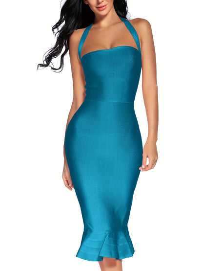 Alluring Solid Halter Neck Bodycon Dress - Fashionable Zipper Backless, Dramatic Mermaid Hem for Parties & Banquets - Womens Evening Wear