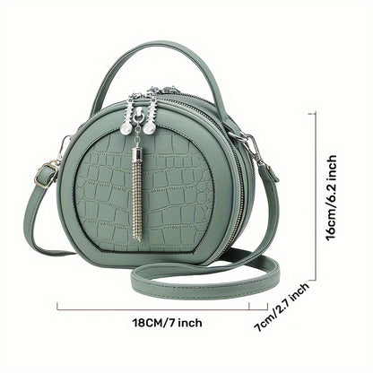 Sophisticated Round Mini Handbag - Crocodile Embossed, Solid Color, Adjustable Strap, Zipper Closure with Durable Edge Finish