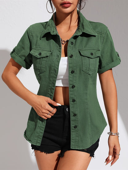 Classic Comfortable Solid Color Non-Stretch Denim Button Closure Short Sleeve Lapel Casual Top - Soft Woven Fabric, Relaxed Fit, Spring/Summer/Fall Essential - Womens Denim Jeans & Clothing