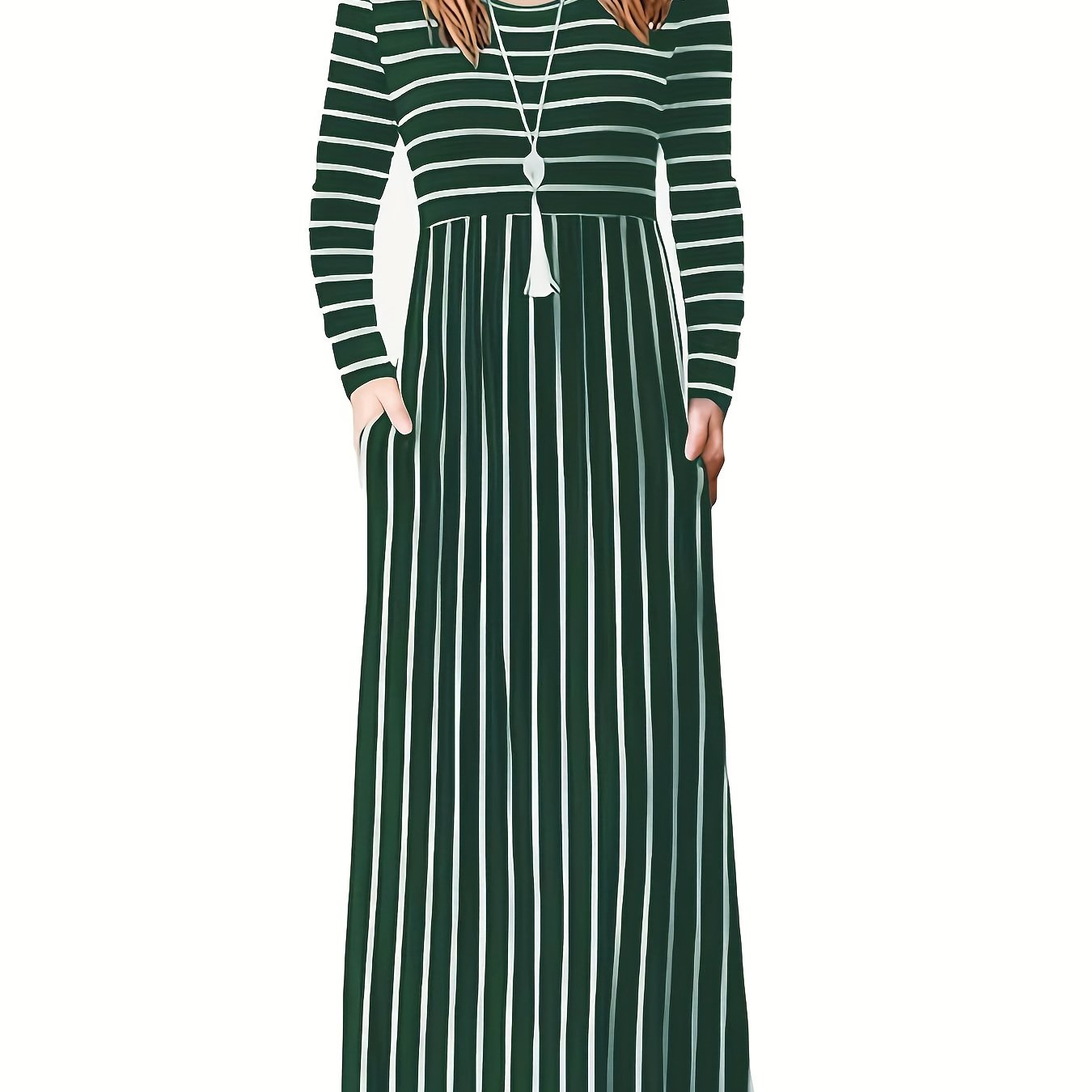 Fall/Winter Chic: Cozy Geometric High-Waist Maxi Dress with Crew Neck, Long Sleeves - Durable & Easy-Care, Perfect for Daily Wear