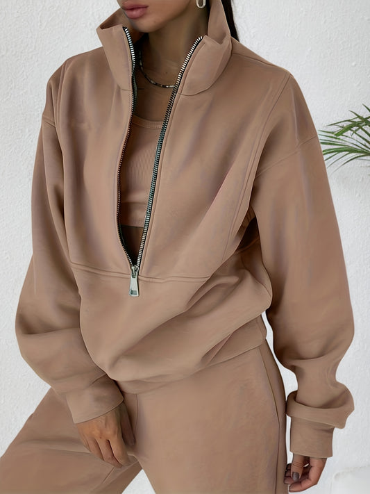 Chic Womens Two-piece Set - Zippered Hoodie & Solid Joggers - Comfortable Casual Ensemble for Everyday Style