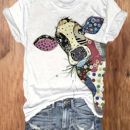 Chic Cow Print Womens T-shirt - Soft Crew Neck Short Sleeve Top - Fashionable & Casual Everyday Wear