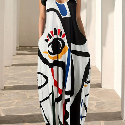 IKEARLAX Flowing Maxi Sundress - Vibrant Abstract Art Print - Breezy Spaghetti Straps - Versatile Summer Attire for Women