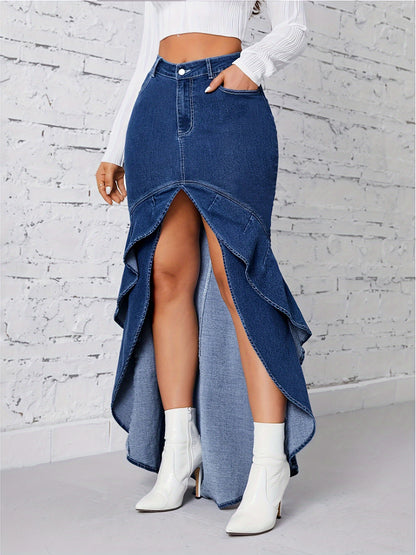 Chic Ruffle-Trimmed Midi Denim Skirt with High-Waist Split Hem - Stretchy Cotton Blend, Non-Sheer, Machine Washable - Perfect for Spring/Summer/Fall Parties & Casual Wear