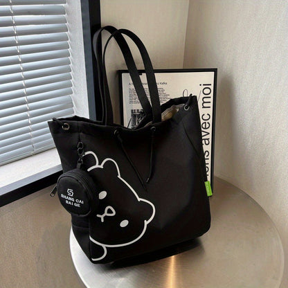 Adorable Cartoon Bear Canvas Tote Bag - Stylish & Durable Shoulder Bag with Matching Mini Coin Purse for Everyday Chic